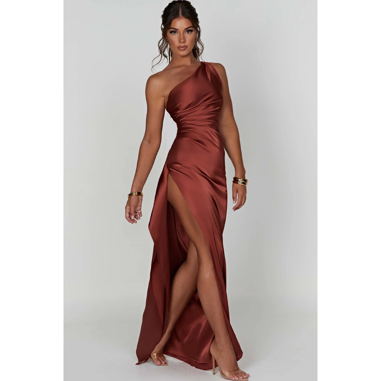Hannah – Satin Dress with Asymmetric Neckline