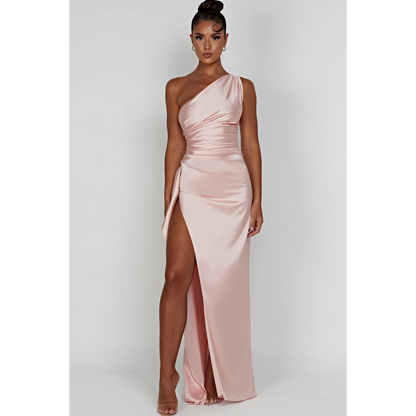 Hannah – Satin Dress with Asymmetric Neckline